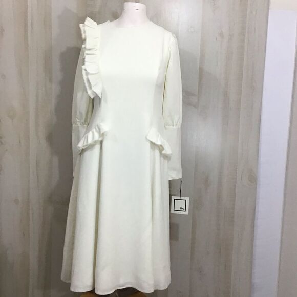 Noir X The London Coat Company Ruffle White Midi Dress - Picture 1 of 8